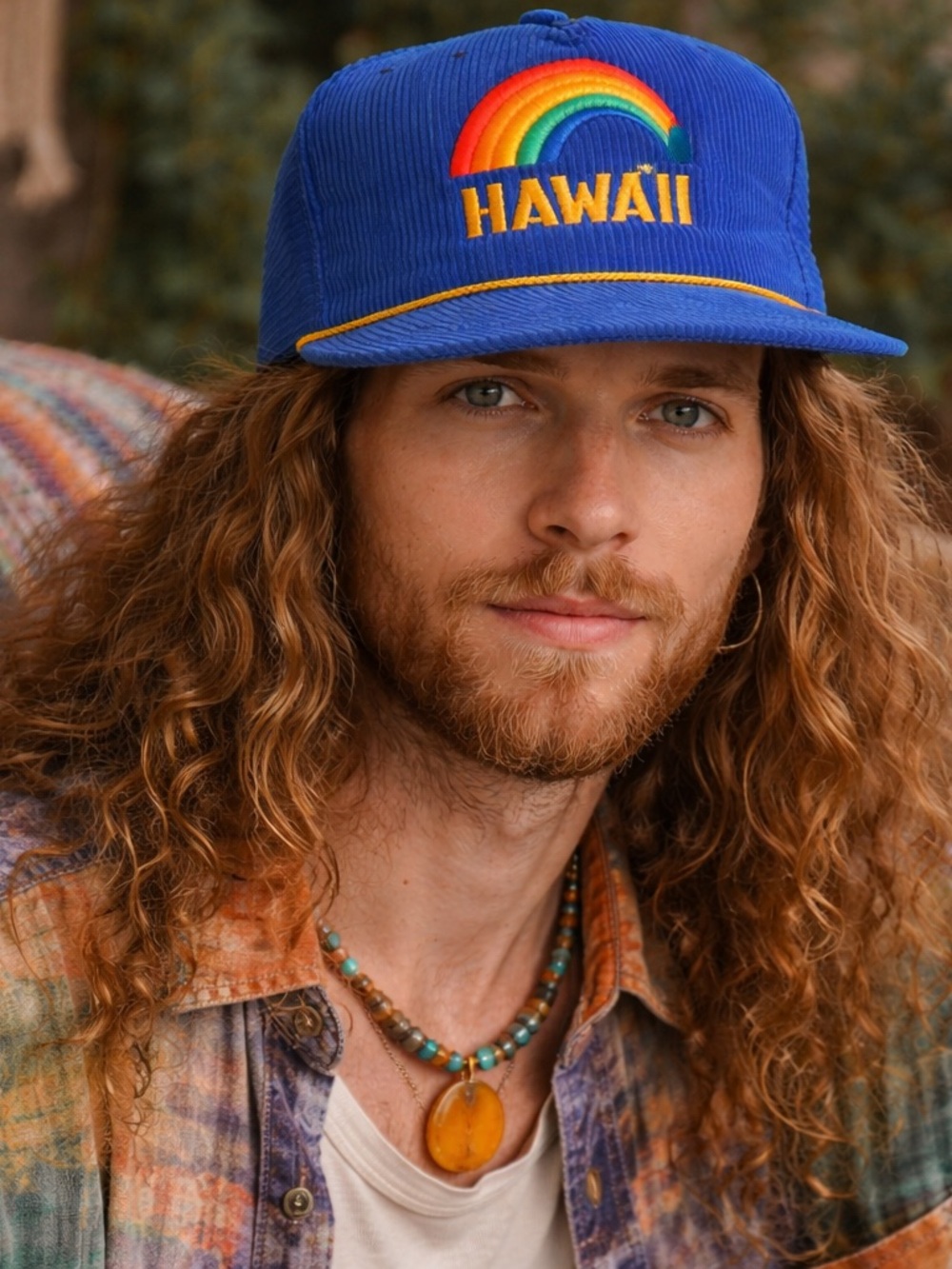 Vintage Blue Hawaii Corduroy Cap with Rainbow Embroidery